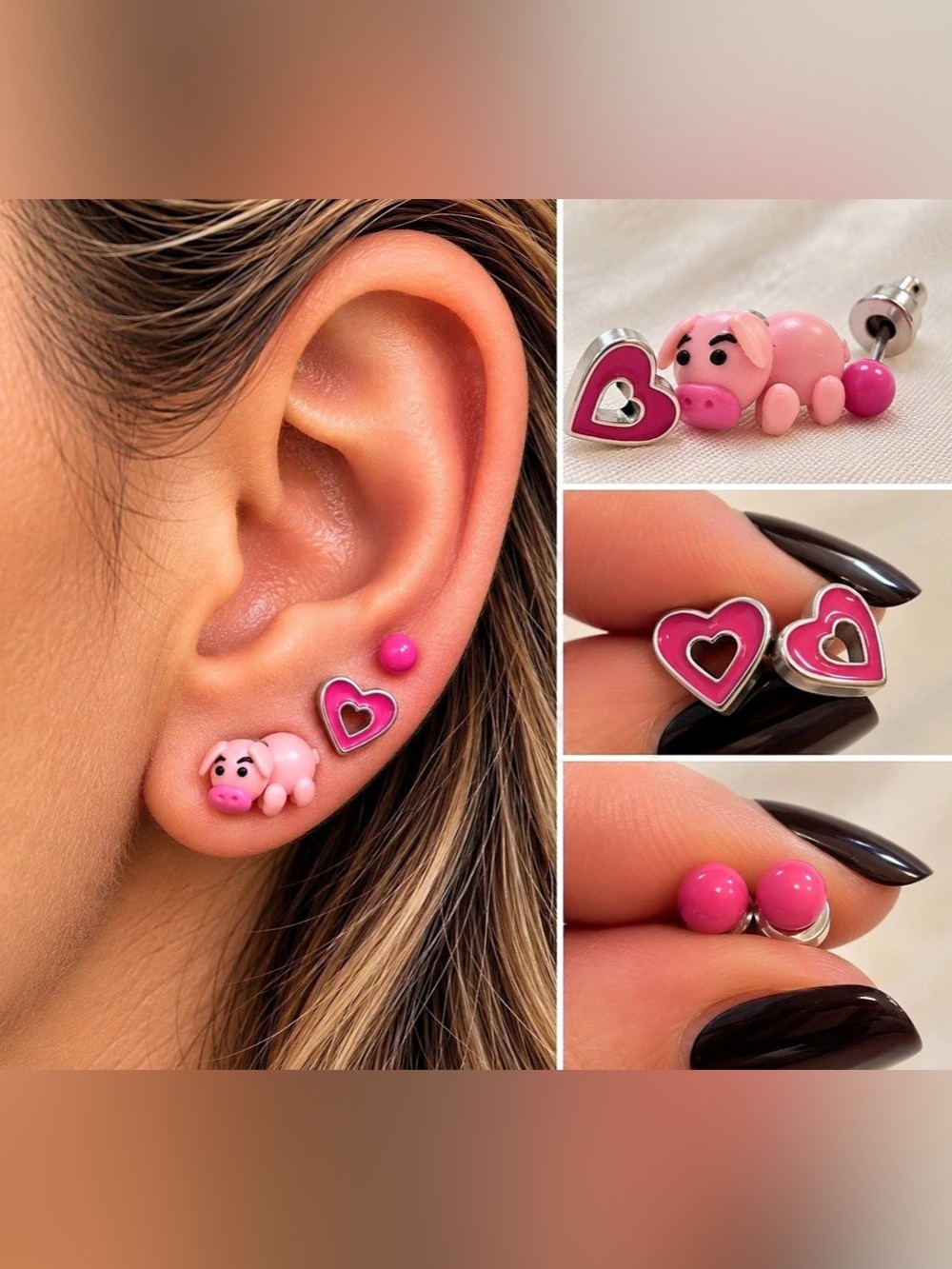 Pink Pig & Heart Earrings Like New
